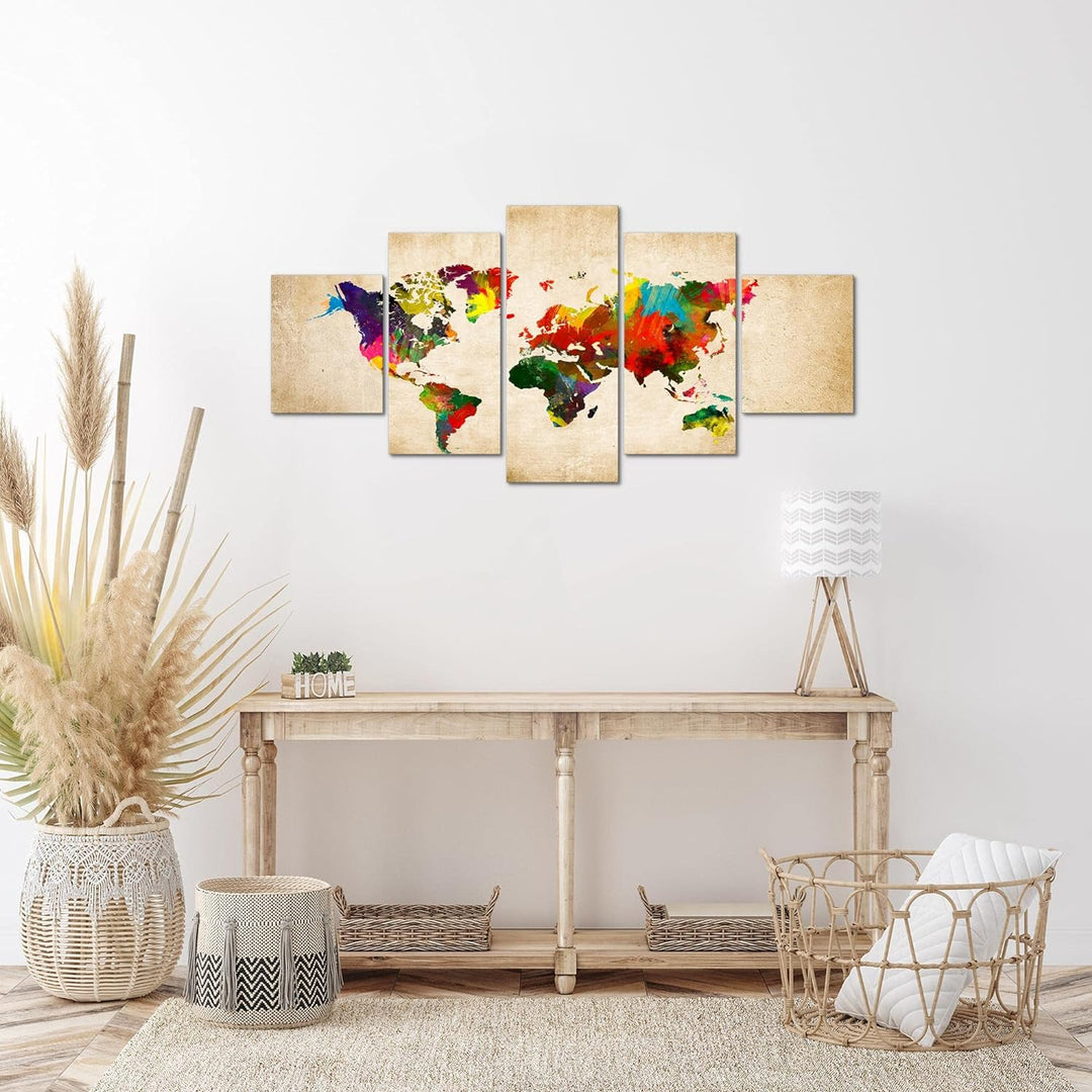 Runa Art Wandbilder Weltkarte 5 Teilig Bild auf Vlies Leinwand Deko Büro Wohnzimmer Kontinente Landk