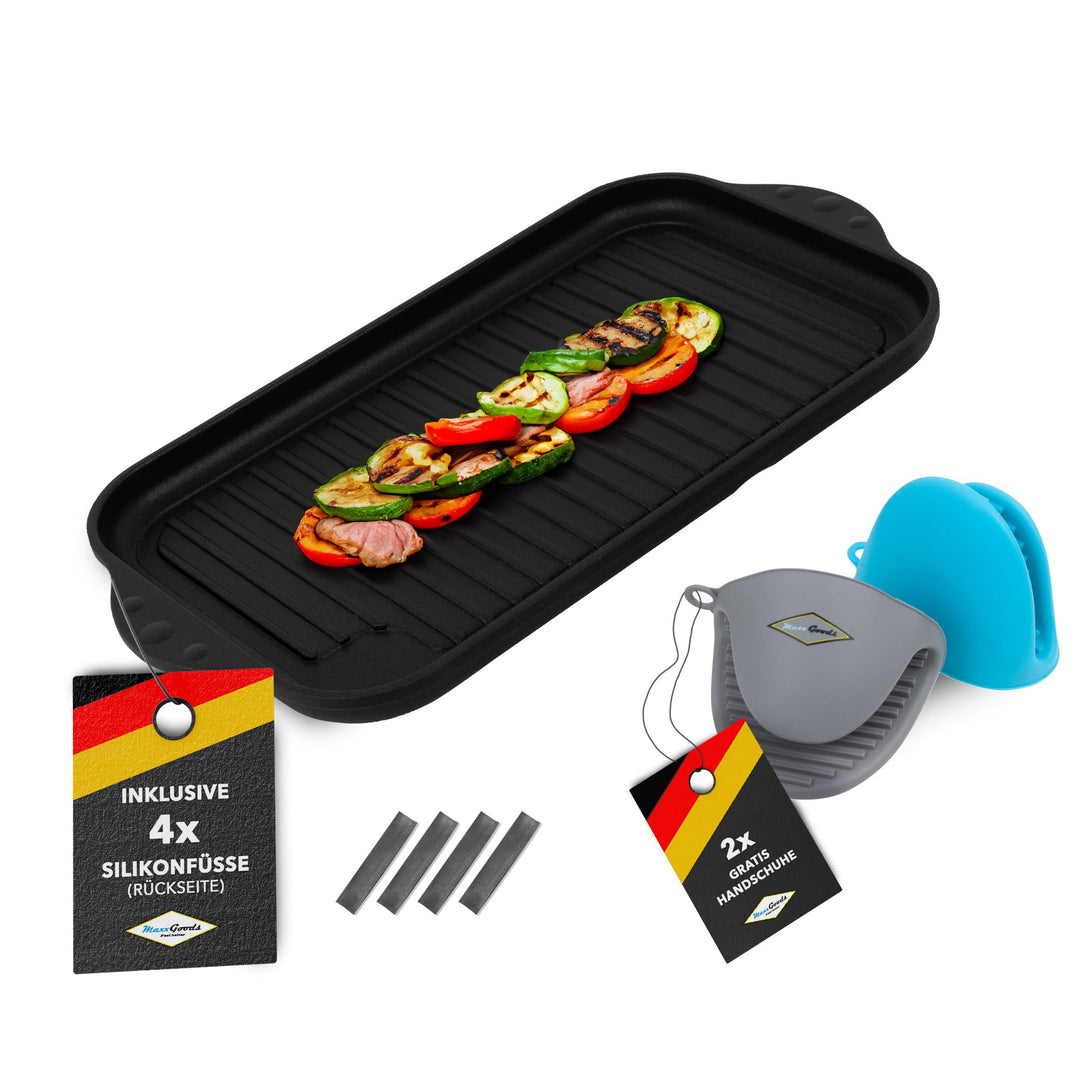 MaxxGoods - Aluminiumguss Grillplatte komplett gerippt - 37,5x22,8x2,5cm - für Induktion &amp; alle gäng