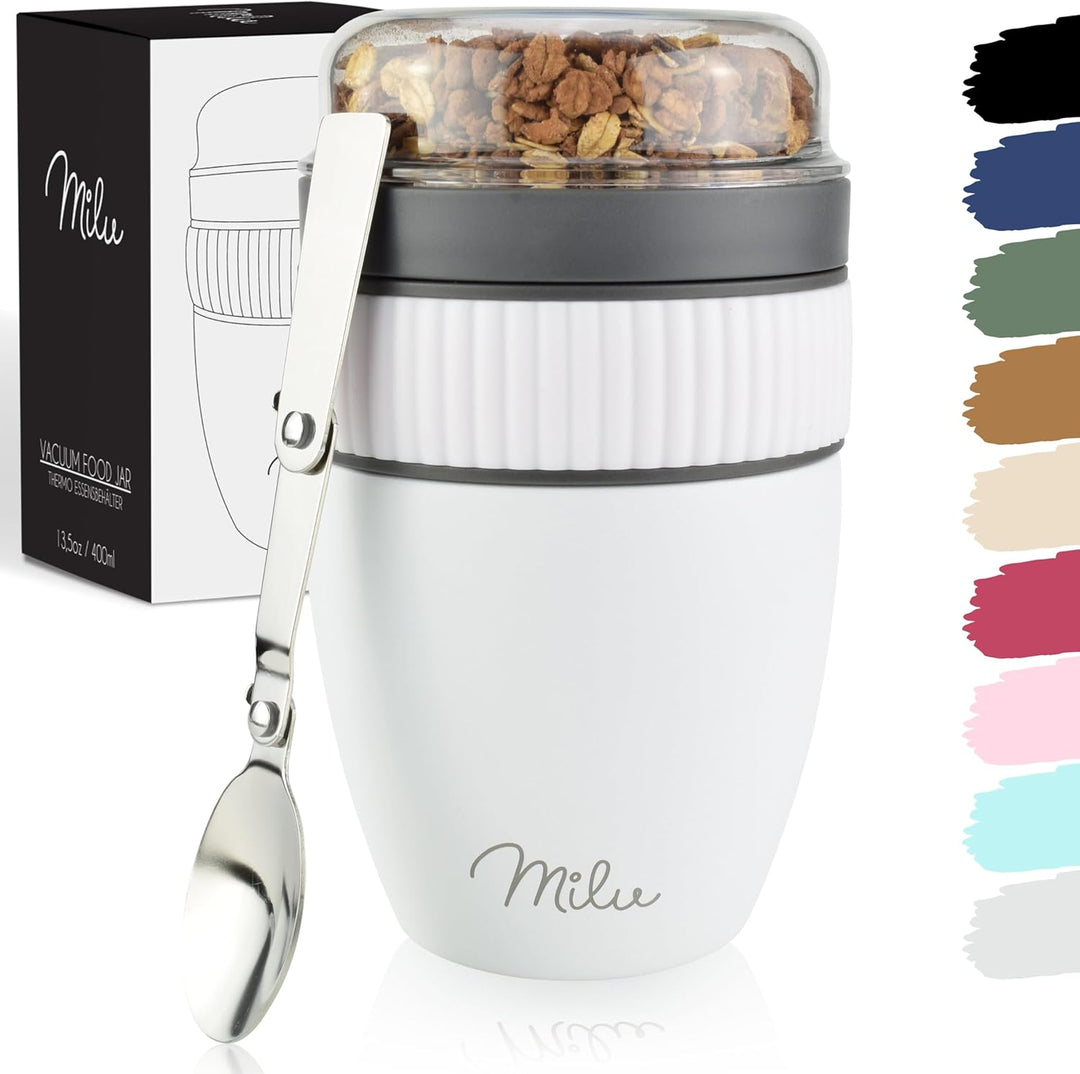 Milu Müslibecher to go 400ml I isolierter Edelstahl Joghurtbecher für Müsli I auslaufsicherer Becher
