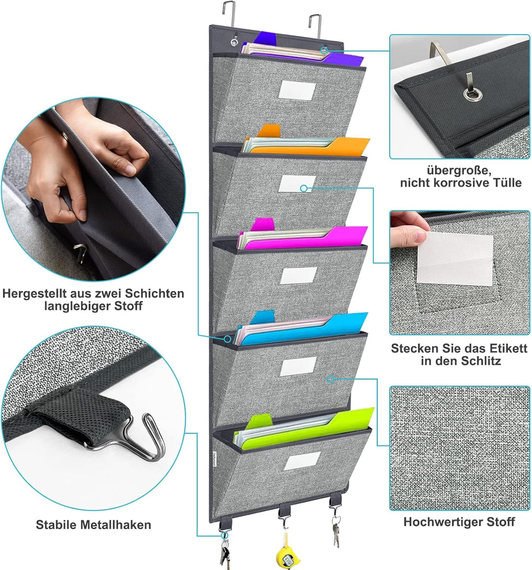 VERONLY Hängeorganizer Büro ordner für Wand - Hängeaufbewahrung Wandorganizer 5 Taschen Aufbewahrung