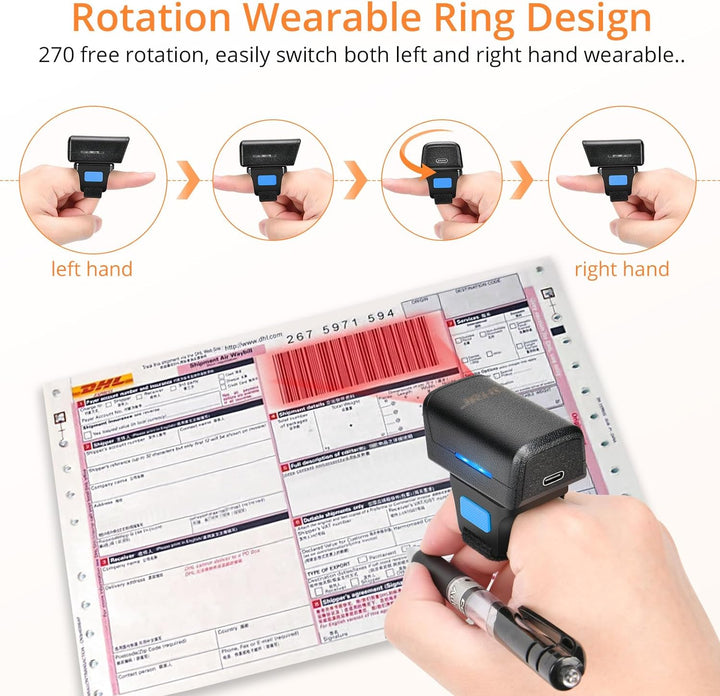 JRHC 1D 2D Bluetooth tragbarer Ring Barcode Scanner, tragbarer Mini Barcode-Barcode-Leser mit 2,4-GH
