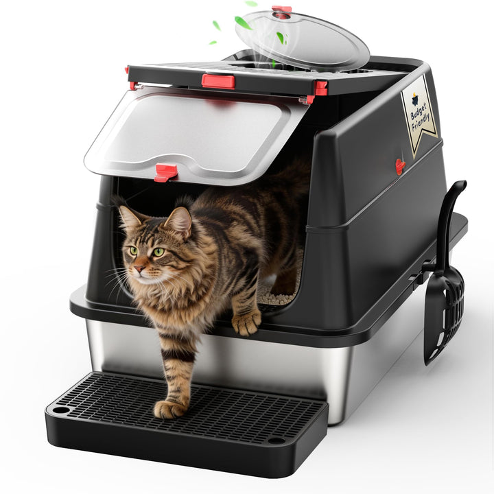 Edelstahl Katzenklo XXL aus V2A – 62 cm Geschlossene Katzentoilette mit 160° Klappdeckel, 3-in-1 Des