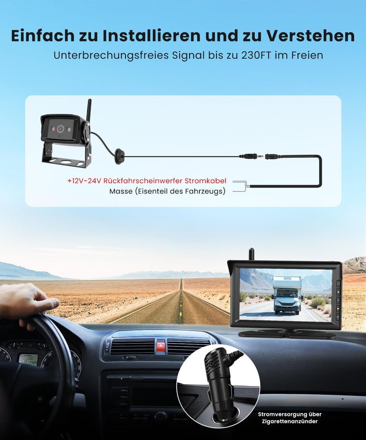 AUTO-VOX 7" HD Rückfahrkamera Kabellos: Einfache Installation & Stabiler Empfang, 150° Weitwinkel Rü
