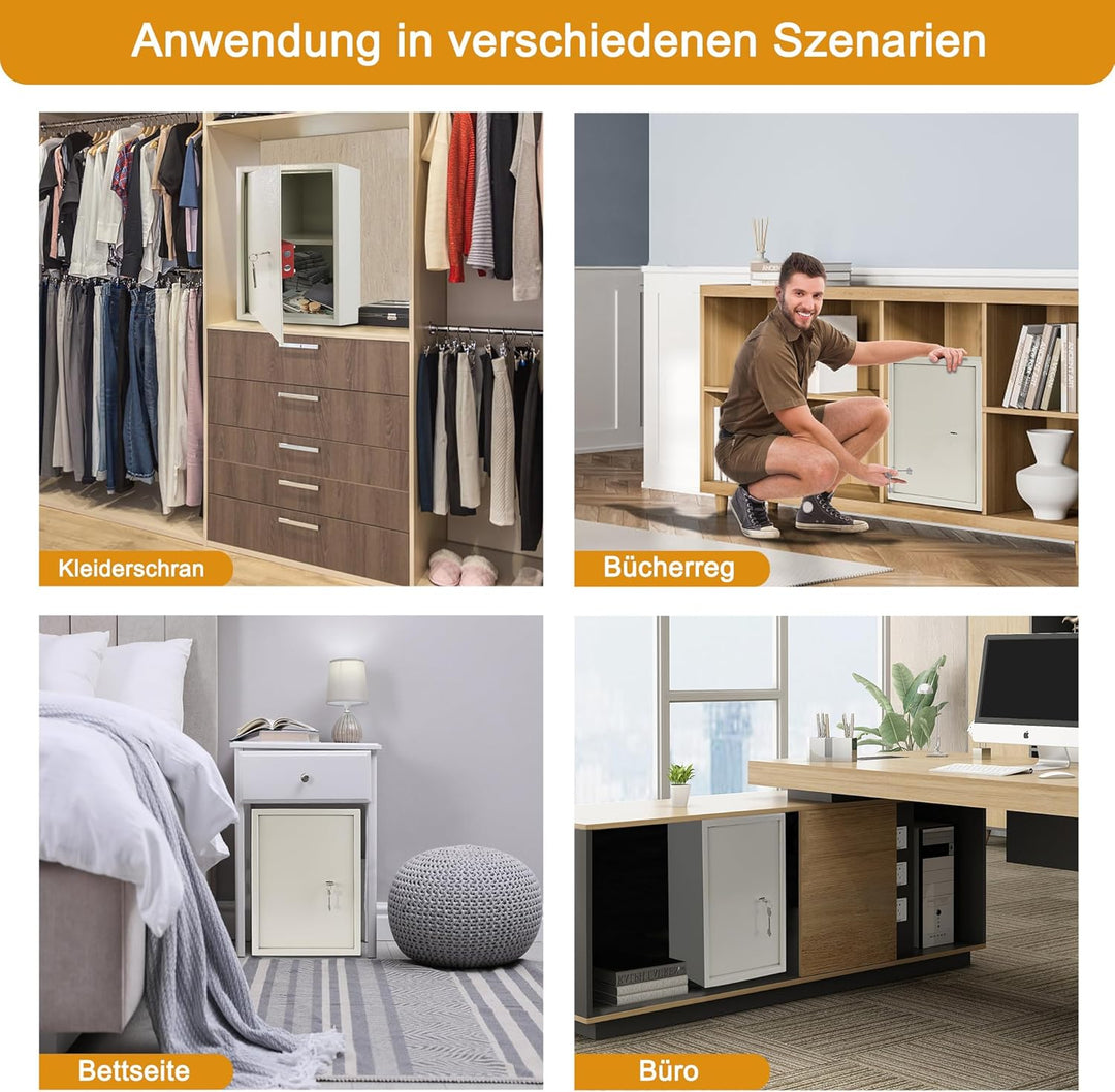 YUENFONG Safe Tresor Möbeltresor mit Doppelbartschloss & 2 Schlüssel, Wandtresor Wasserdicht feuerfe