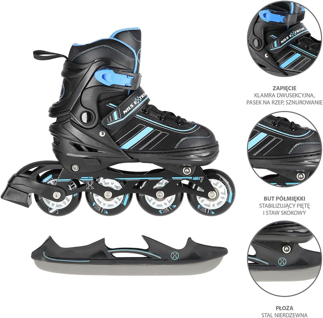 Nils Extreme NH18191 2-in-1 Inline-Skates und Schlittschuhe, Schwarz/Blau, Verstellbare Grösse