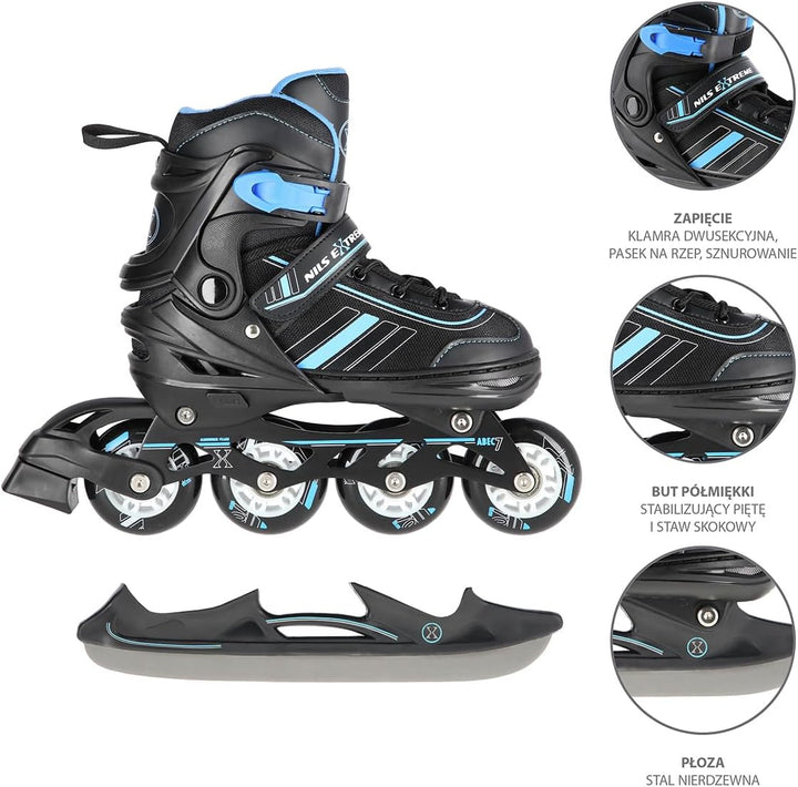 Nils Extreme NH18191 2-in-1 Inline-Skates und Schlittschuhe, Schwarz/Blau, Verstellbare Grösse
