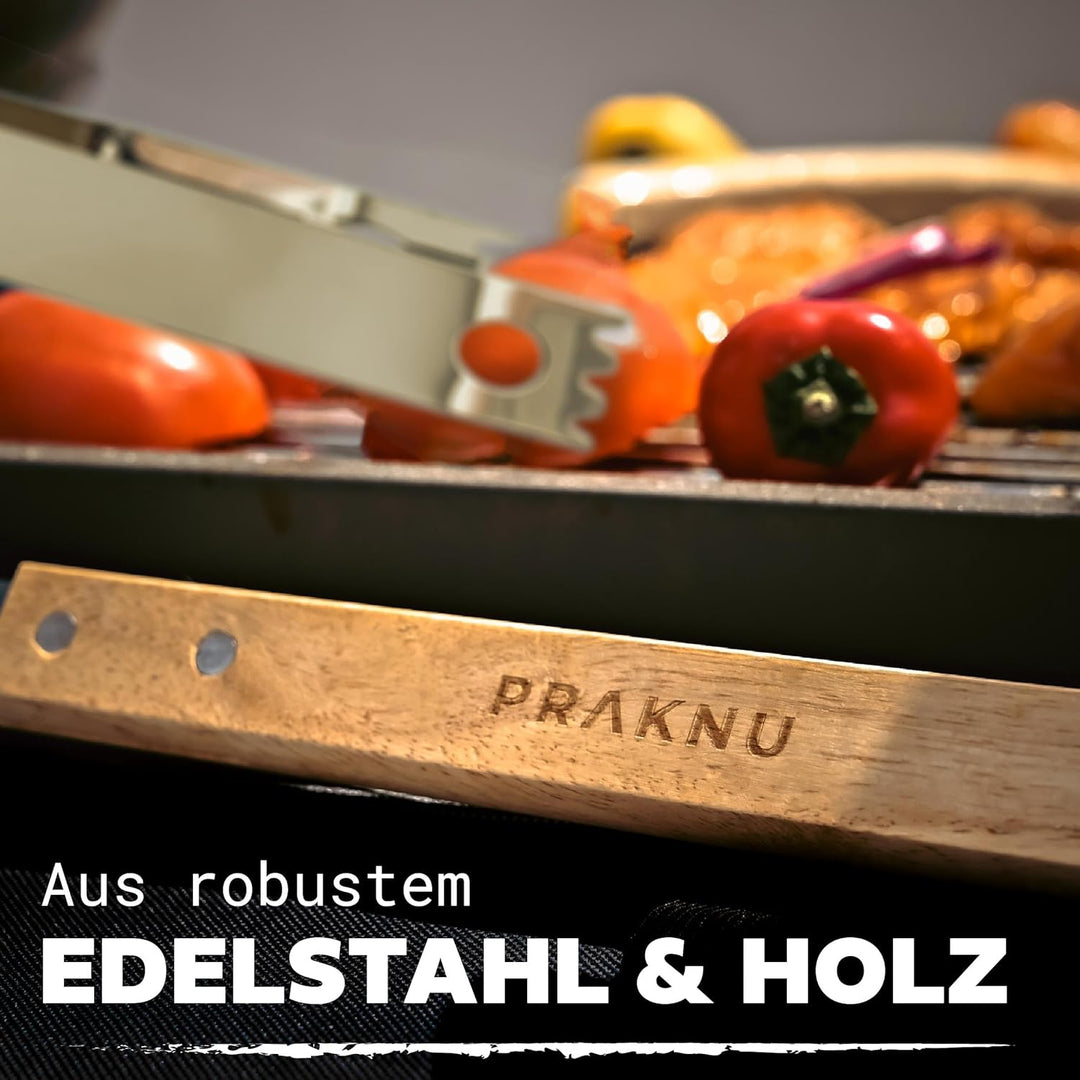 Praknu Grillbesteck Set mit Holzgriffen und Tragetasche - Hitzebeständig, Rostfrei und Robust - Gril