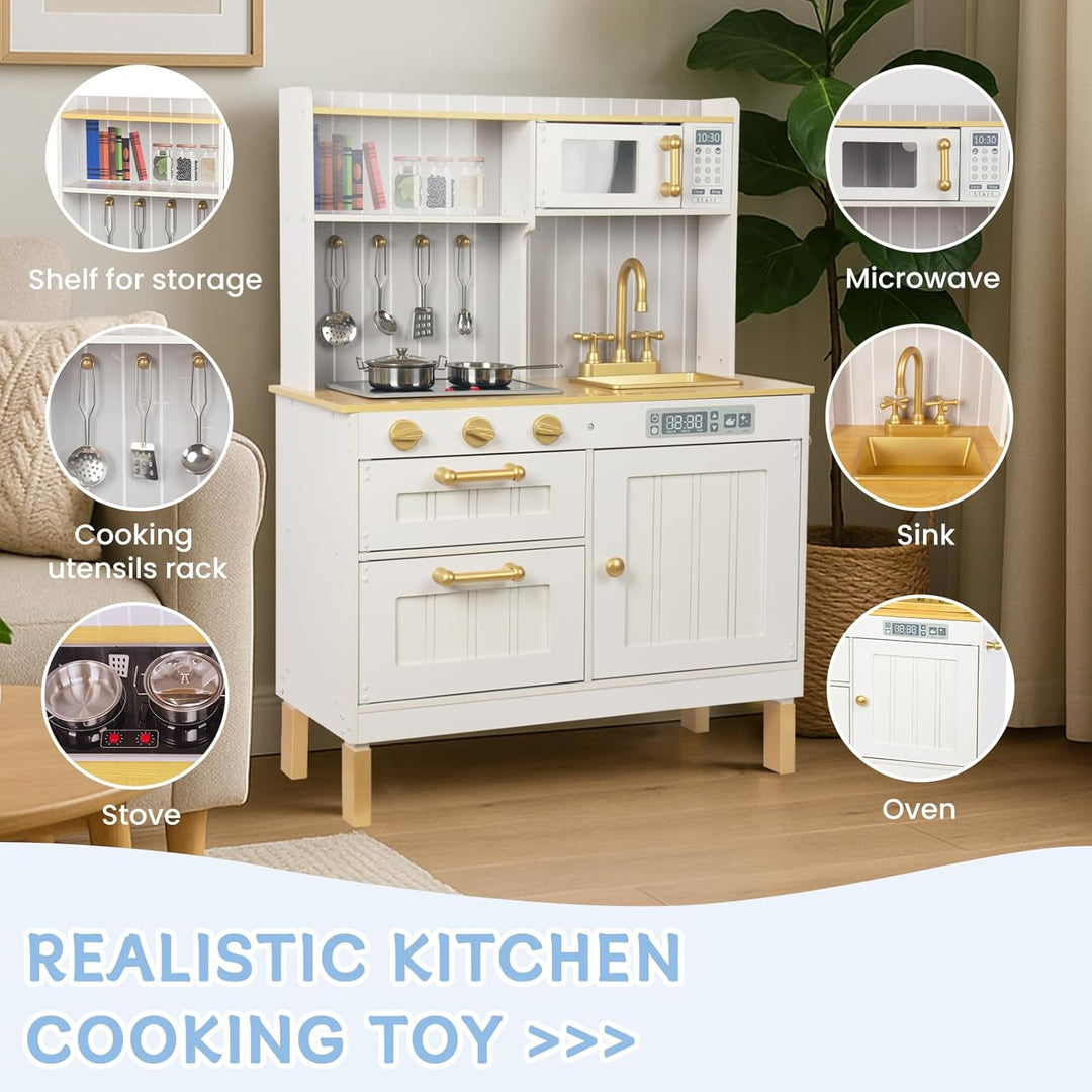 Rosa Hölzerne Kinderküche, Kinderspielküche mit Spüle Herd Backofen, Holzküche Spielzeugküche, Spiel
