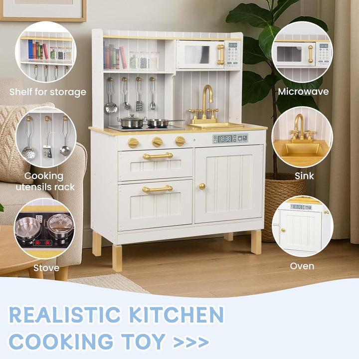 Rosa Hölzerne Kinderküche, Kinderspielküche mit Spüle Herd Backofen, Holzküche Spielzeugküche, Spiel