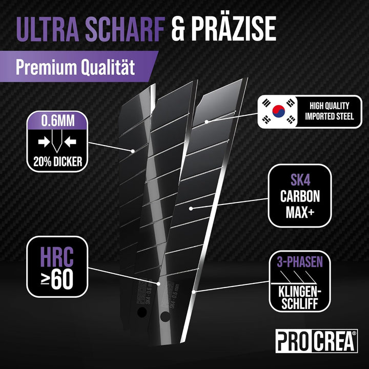 PROCREA® Premium 3er Cuttermesser & Klingen Set "Black Edition" [Extrem Robust & Ultrascharf] Das 18