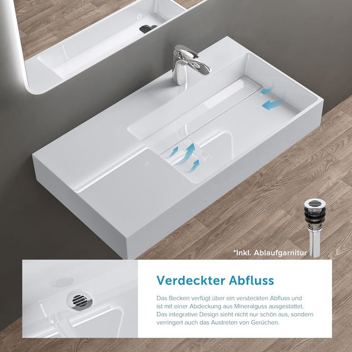doporro Waschbecken Waschtisch 75x43x14 cm mit verstecktem Ablauf in weiss aus Mineralguss als Aufsa