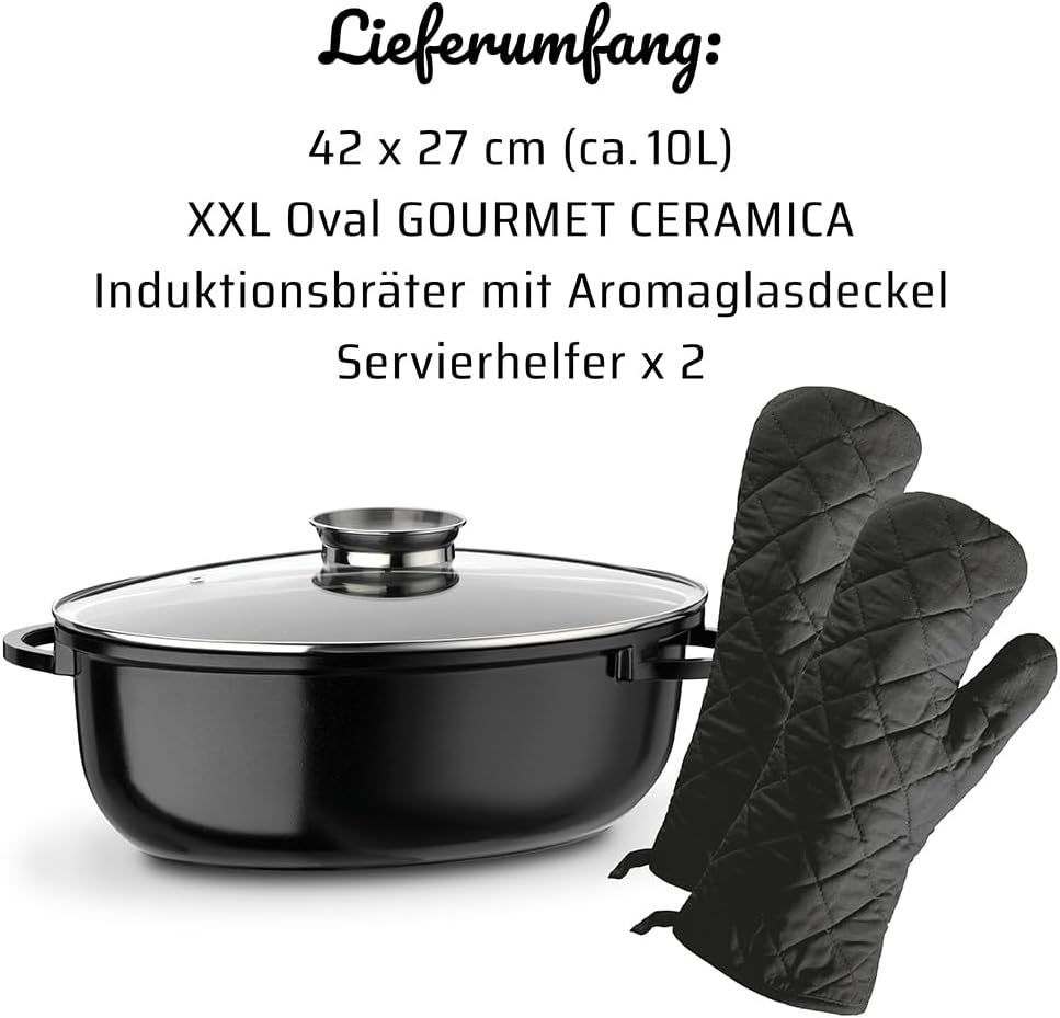 GSW 410588 Gourmet Ceramica Induktion Bräter XXL oval mit Aroma-Glasdeckel 10 L, Aluguss, schwarz ge