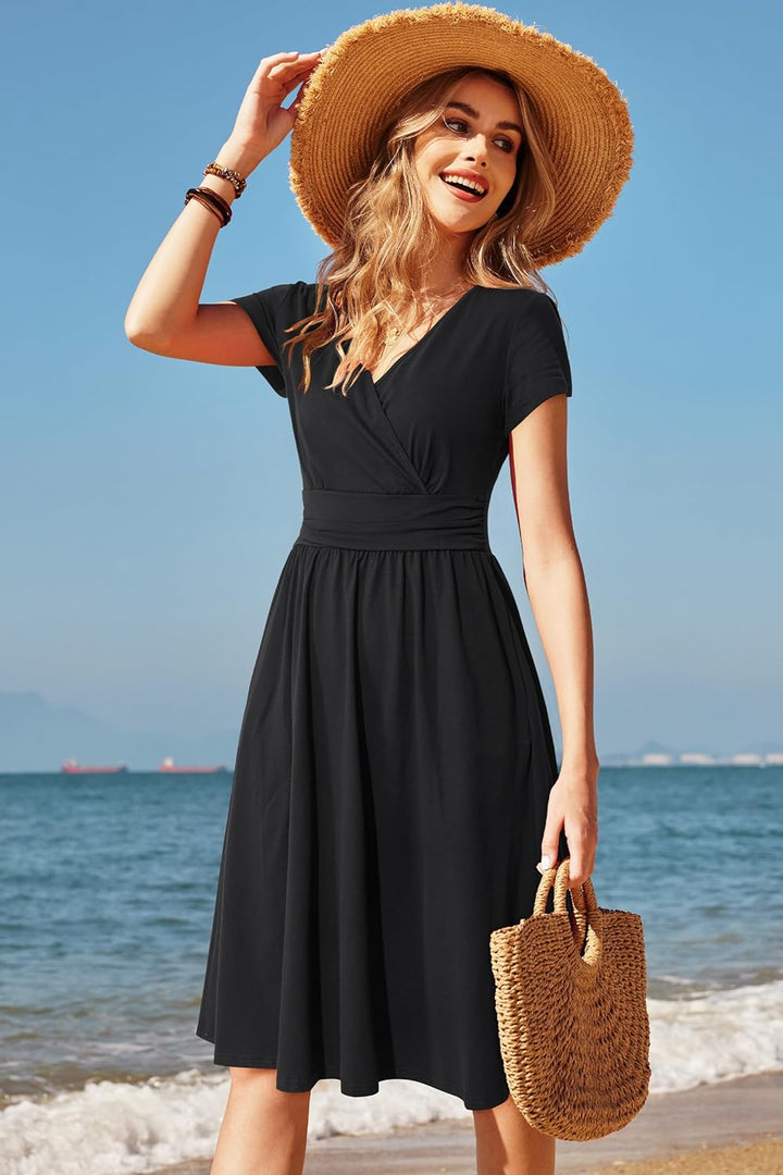 OUGES Kleid Damen Kurzarm/Langarm Winterkleid V-Ausschnitt Casual Midi Freizeitkleid mit Taschen M S