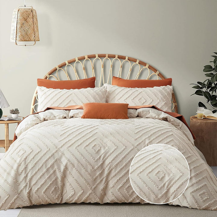 Freyamy Böhmen Bettwäsche 200x220cm 3teilig Beige Getuftet Kariert Boho Bettwäsche Stickerei Shabby