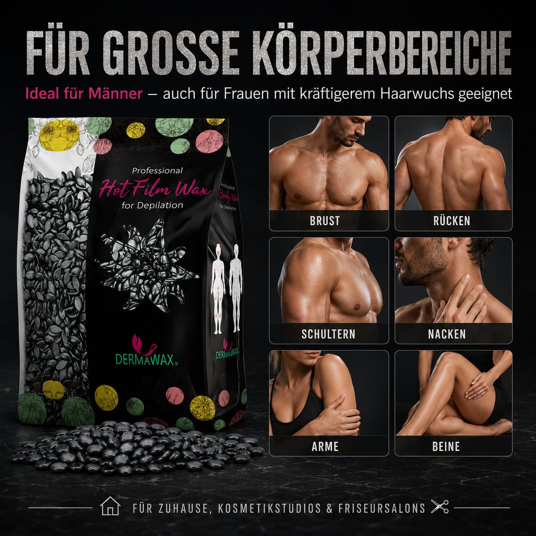Dermawax Black 500g Wachsperlen – Starkes Heisswachs für Männer & Frauen – Entfernt Brust-, Rücken-,