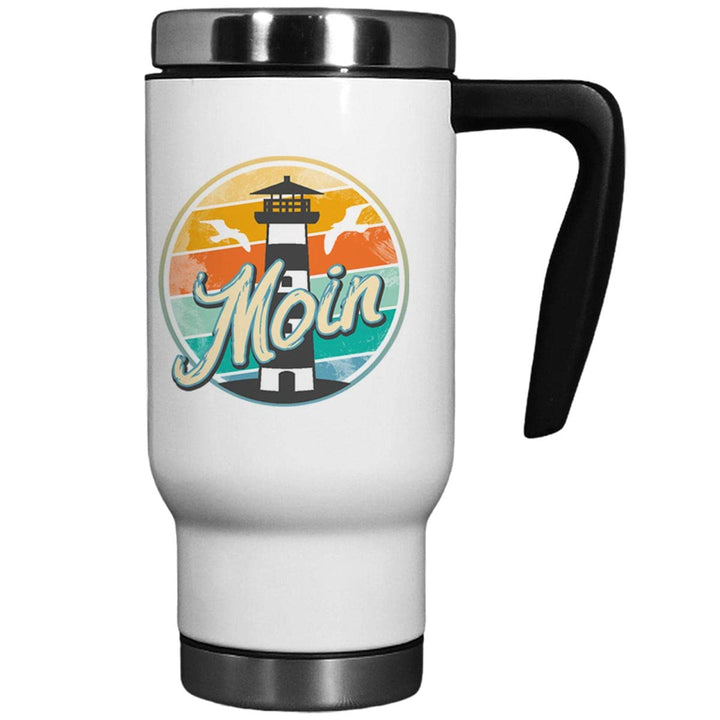 Maritimer 'Moin' Thermobecher mit Leuchtturm und Möwen Motiv – Isolierbecher aus Edelstahl, 470ml -