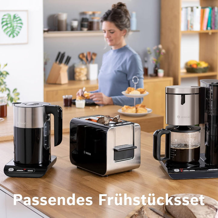 Bosch TAT7203 Kompakt-Toaster, Auftau/Aufknusperfunktion, 1050 W, Edelstahl/schwarz & belloser Wasse