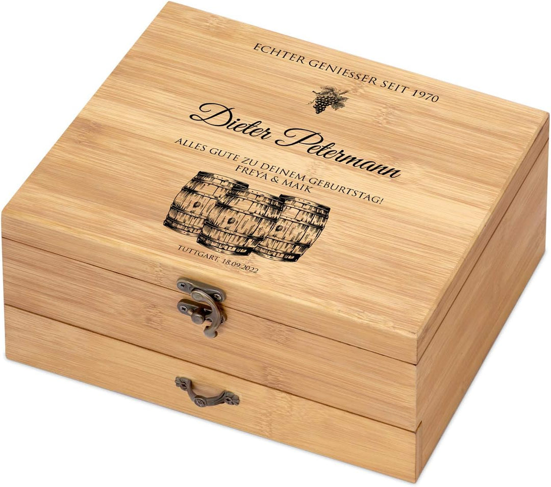 Maverton Weinöffner-Set personalisiert Weinset Sommelier Set - Geschenkbox Holzbox + 8er Weinzubehör
