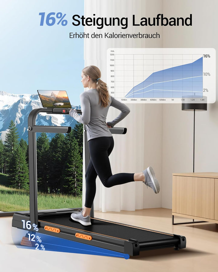 UMAY Laufband für Zuhause Klappbar mit Steigung 16%, 10KM/H Walking Pad Klappbar mit Steigung, Fernb