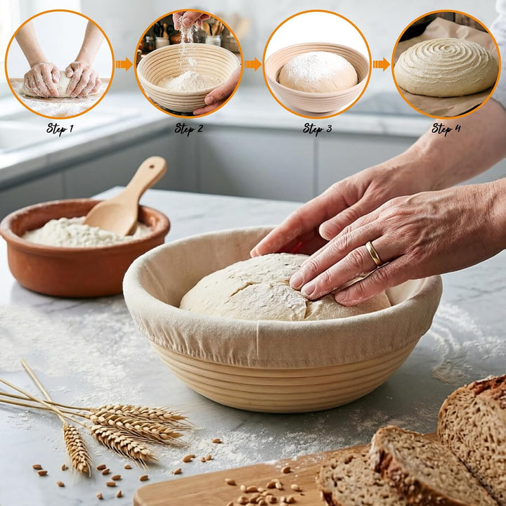 Gärkörbchen, 2 Stück Gärkorb für Sauerteigbrot, Brotkorb Mit Leineneinsatz | Waschbarem, Rund 23 cm,