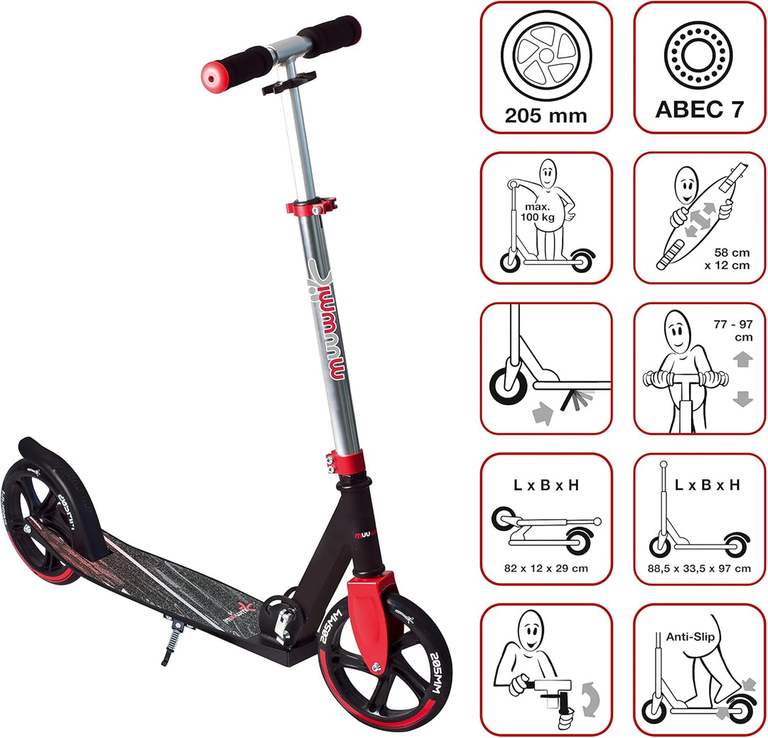 muuwmi Aluminium Scooter – Tretroller, 205 mm, ABEC 7, für Kinder und Erwachsene, GS geprüft, höhenv