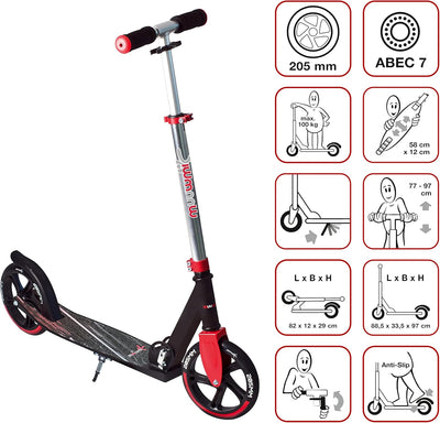 muuwmi Aluminium Scooter – Tretroller, 205 mm, ABEC 7, für Kinder und Erwachsene, GS geprüft, höhenv