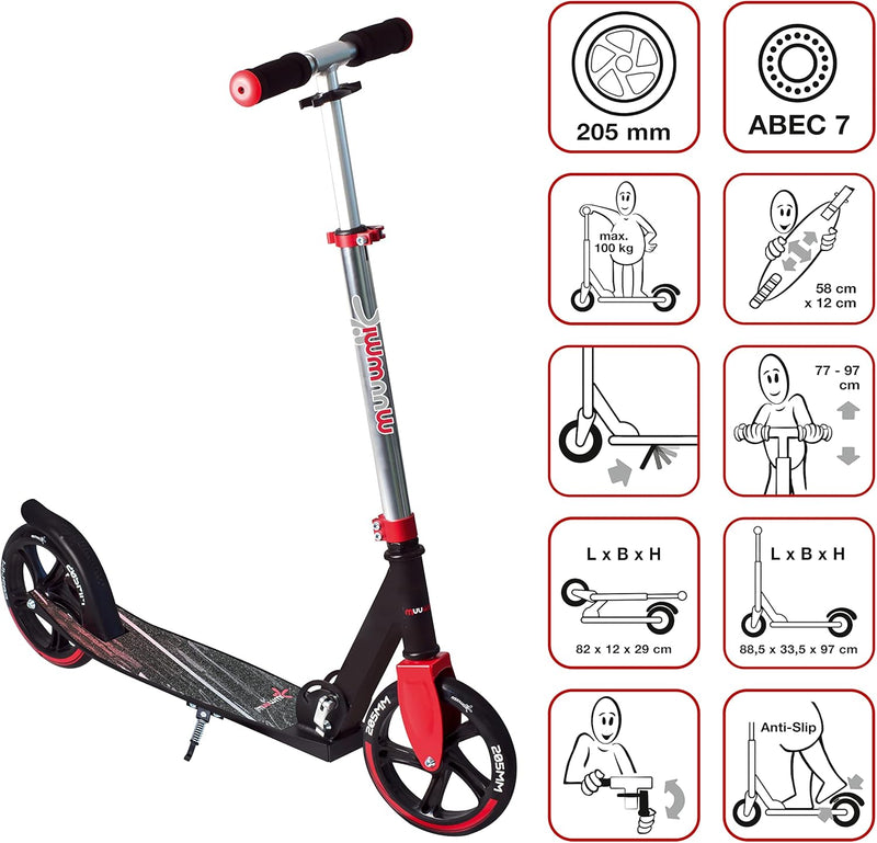 muuwmi Aluminium Scooter – Tretroller, 205 mm, ABEC 7, für Kinder und Erwachsene, GS geprüft, höhenv