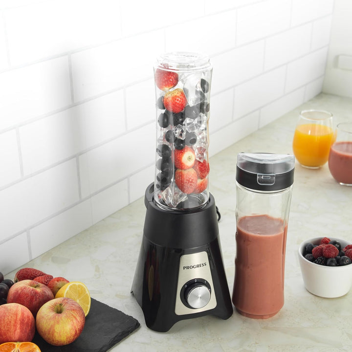Progress kompakter Smoothie-Mixer, elektrischer Standmixer, ideal für Shakes, Säfte, 2 tragbare Spor