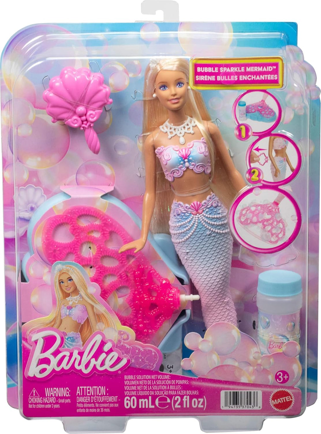 Barbie Bubble Sparkle Meerjungfrau-Puppe mit Seifenblasenfläschchen und -lösung, Tablett und Bürste,