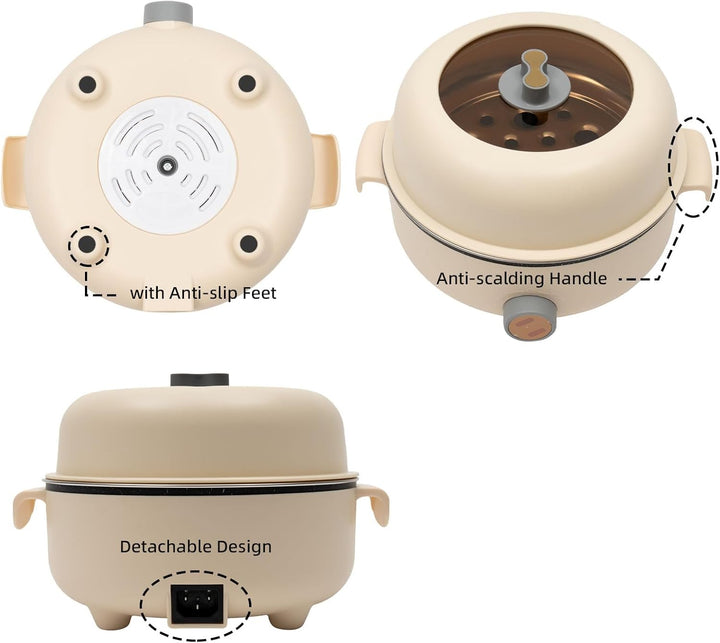 Elektrischer Hot Pot 1.5L mit 2 Dämpfern, Antihaft-Bratpfanne, Reisekocher für Braten/Ramen/Fondue/S