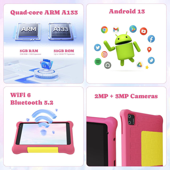 Kinder-Tablet 7 Zoll Android 13 Tablet für Kinder, 5 GB RAM, 32 GB ROM (TF 128 GB), Kindersteuerung,