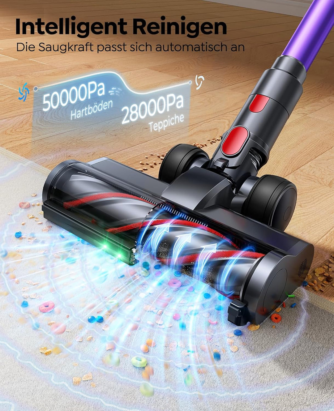 Fieety Akku Staubsauger 600W/50kPa/65Min, Staubsauger Kabellos mit Tierpflegebürste, 1M Schlauch, Wa