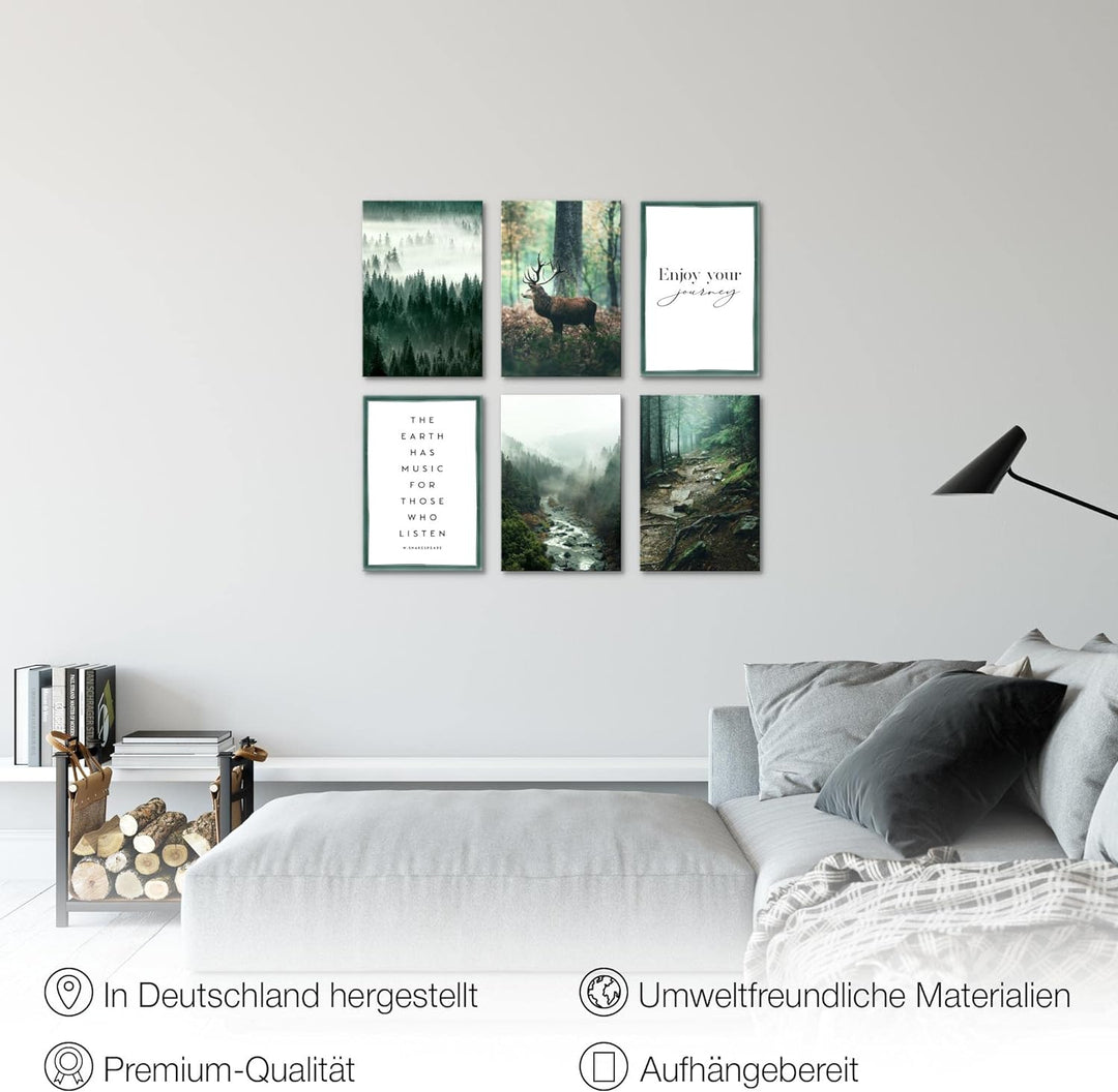 Novart Wandbilder Set - KOMPLETT AUFHÄNGFERTIG - Made in Germany - Moderne Bilder Wald Hirsch Wohnzi