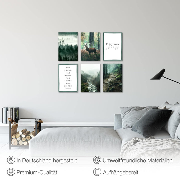Novart Wandbilder Set - KOMPLETT AUFHÄNGFERTIG - Made in Germany - Moderne Bilder Wald Hirsch Wohnzi