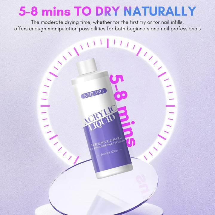 SAVILAND Acryl Liquid für Nägel – 240ML Acryl Liquid mit 3 Acryl Pinsel Grösse (8/10/14) für Acryl A