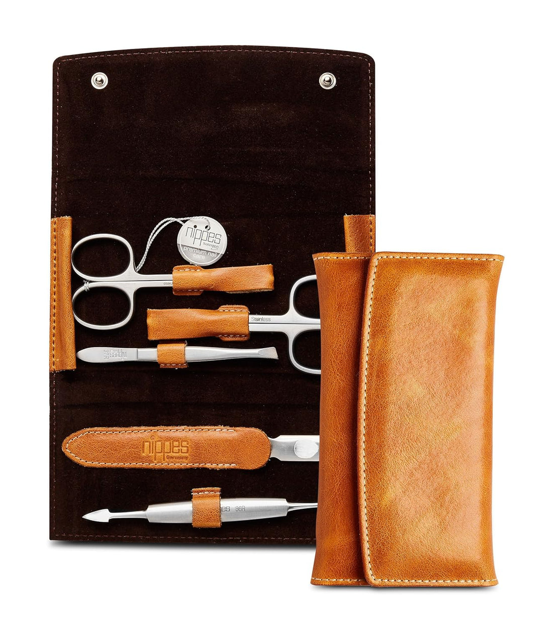 nippes Solingen Premium Line Maniküre Set Cognac, 5-teilig, Edelstahl rost- und nickelfrei, Nagelpfl