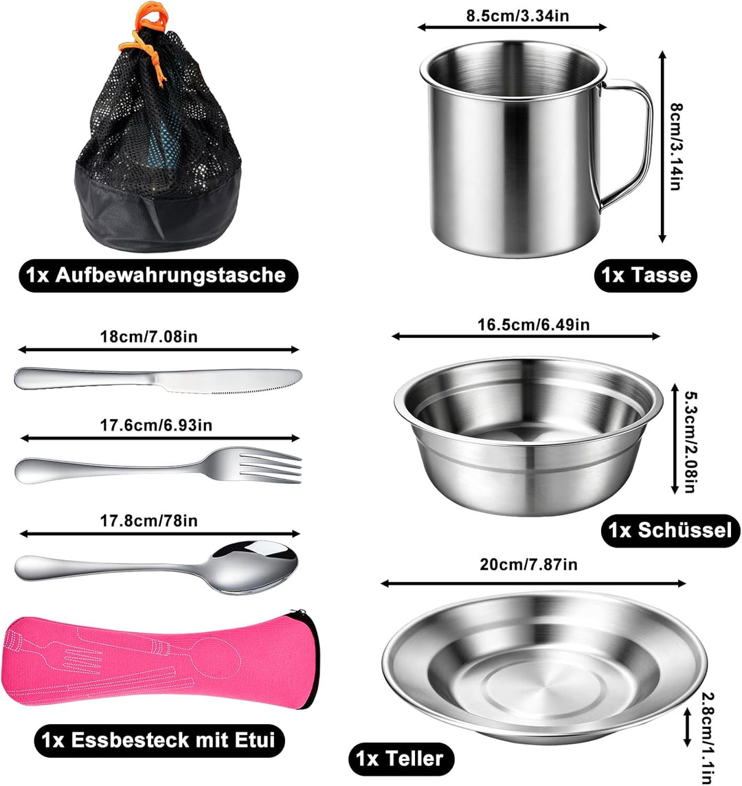 Campingbesteck Set 1 Person, Camping Geschirr Set Edelstahl mit Schalen Teller Tassen Gabeln Löffel
