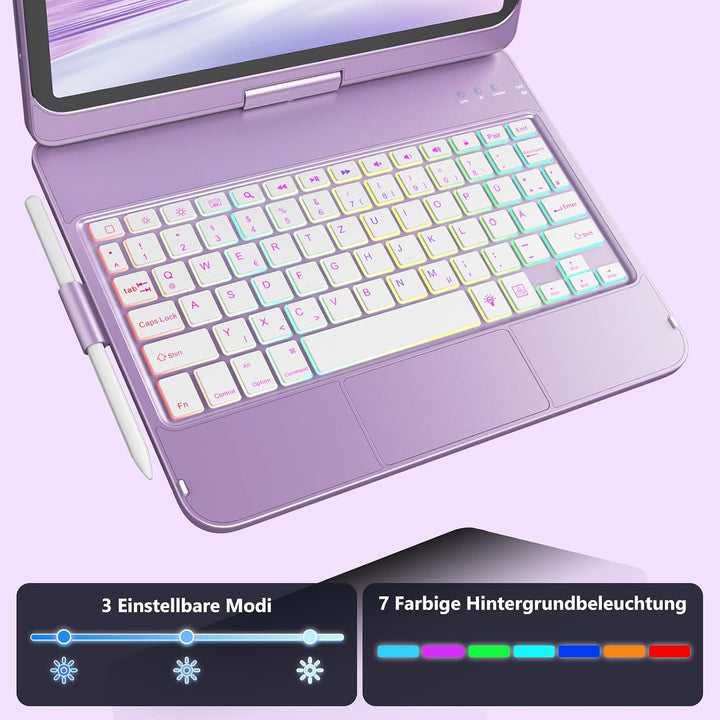 FUWANG Für iPad A16 11 (A16)/10 Gen Hülle mit Tastatur, Trackpad 360° DE Hellviolett Deutsch, DE Hel