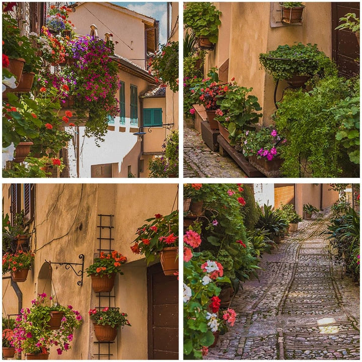 Bilder auf Leinwand Path Blumen Haus Hof Leinwandbild mit Rahmen 70x50cm Wandbilder Dekoration Wohnz