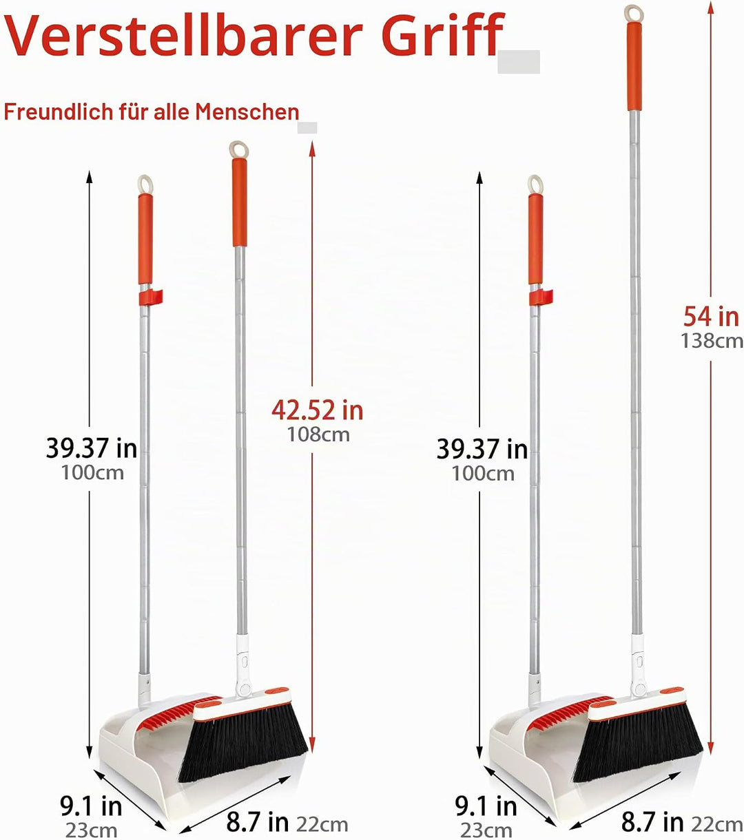 JEHONN Besen und Kehrschaufelset Set mit Langem Griff, 180 Grad Drehbar Kehrmaschine und Kehrschaufe