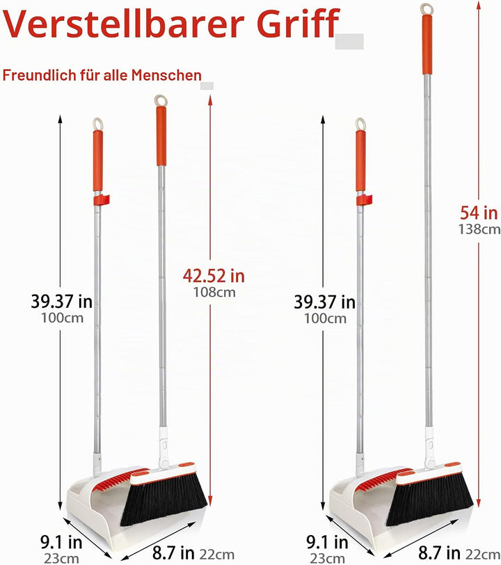 JEHONN Besen und Kehrschaufelset Set mit Langem Griff, 180 Grad Drehbar Kehrmaschine und Kehrschaufe