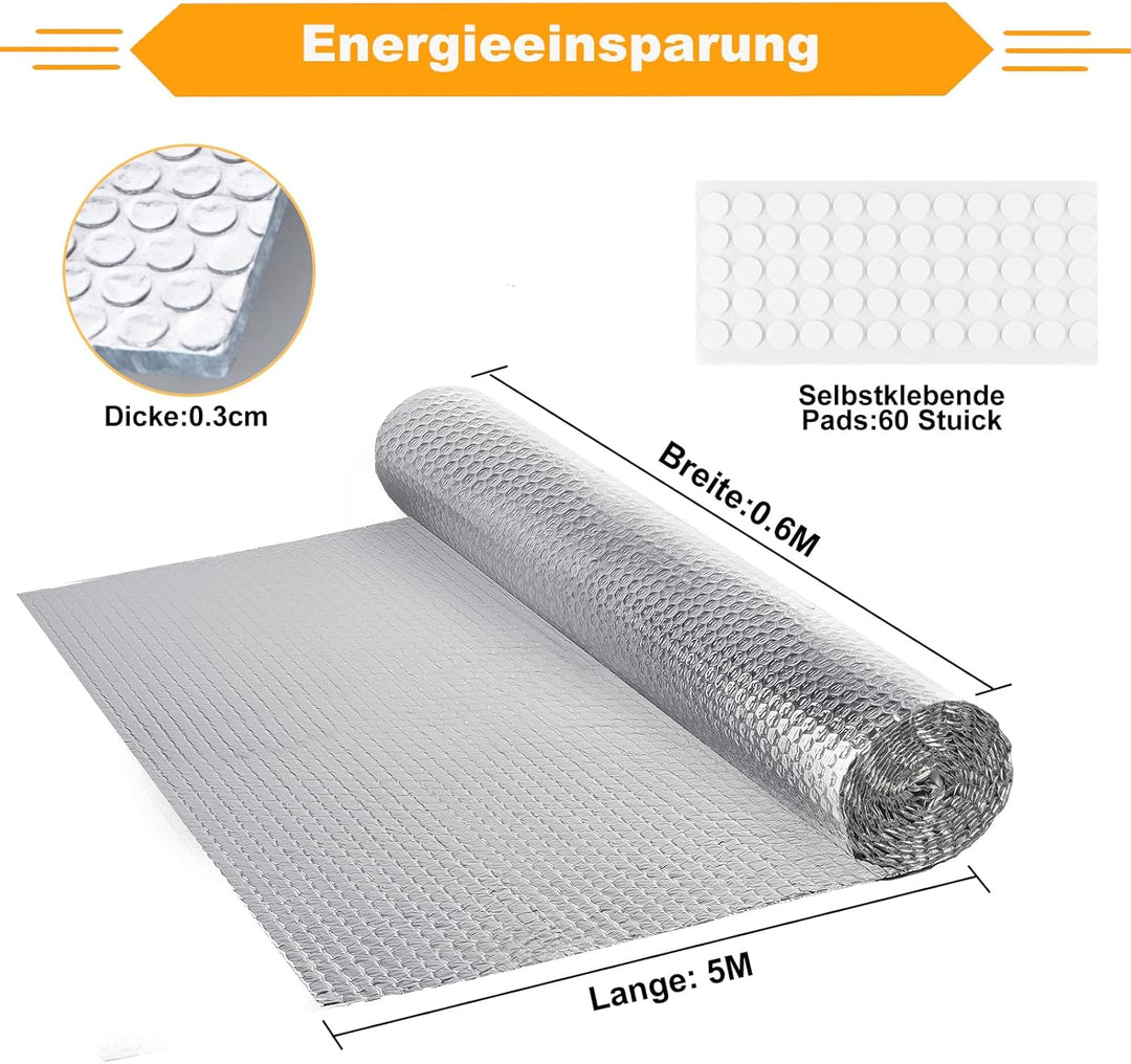 5 m x 60 cm Heizkörper Reflexionsfolie Heizung, 3mm Dicke Isolierfolie Dämmfolie Doppelseitige Alu L