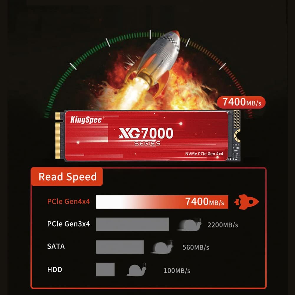 KingSpec 1TB NVMe SSD M.2 2280 Interne SSD PCIe 4.0 Gen4x4, 7400 MB/s Lesen, 6600 MB/s Schreiben, In