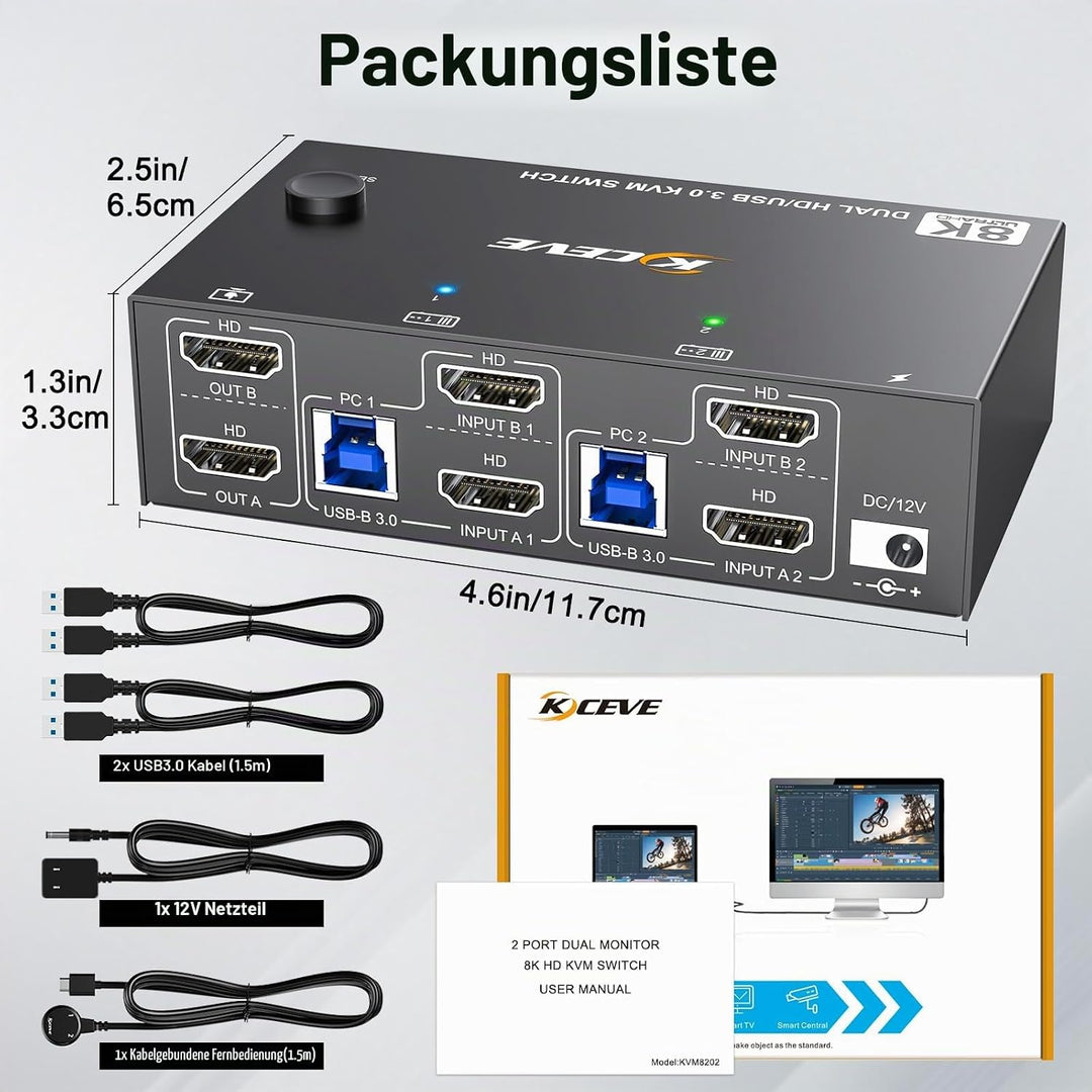 8K HDMI KVM Switch 2 PC 2 Monitore 8K@60Hz 4K@144Hz, MLEEDA USB 3.0 Dual Monitor KVM Switch mit 4 US
