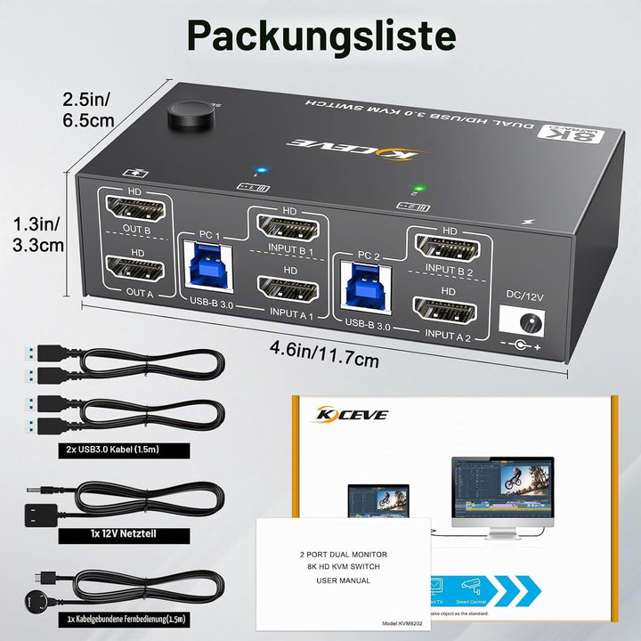 8K HDMI KVM Switch 2 PC 2 Monitore 8K@60Hz 4K@144Hz, MLEEDA USB 3.0 Dual Monitor KVM Switch mit 4 US