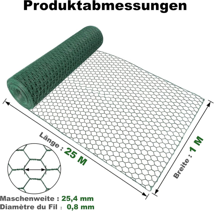 Amagabeli Maschendrahtzaun Sechseckgeflecht (25 mm) Maschenweite, 100cm Höhe, 25m Länge, Drahtgitter