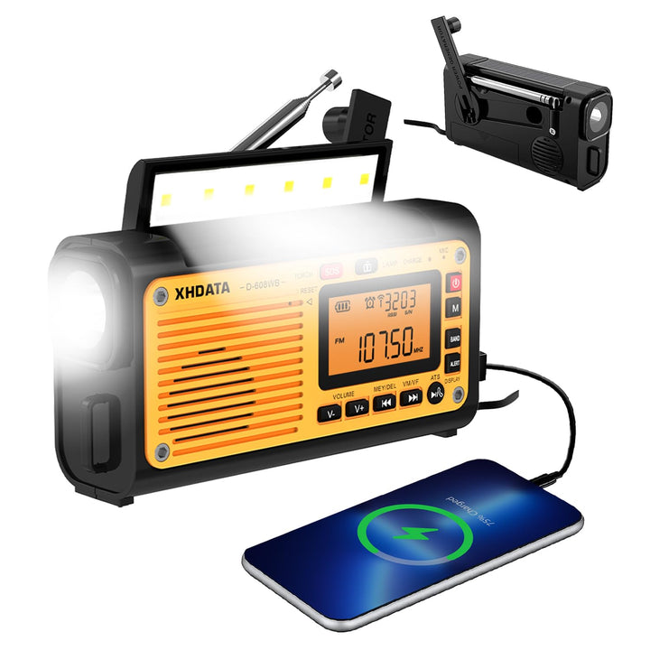 XHDATA D608WB Tragbares Notfall Radio mit Kurbel Solarradio mit Kurbel 3000mAh Akku Wiederaufladbare