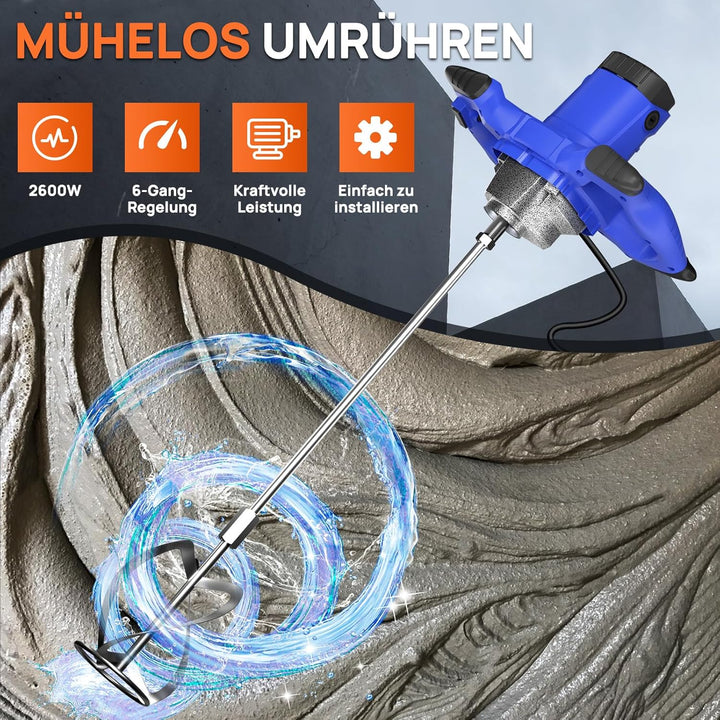 2600W Farb-Mörtelrührer Quirl Mörtelrührer, 0-1600 U/min Drehz, M14 Rühreraufnahme, Rührwerk Handrüh