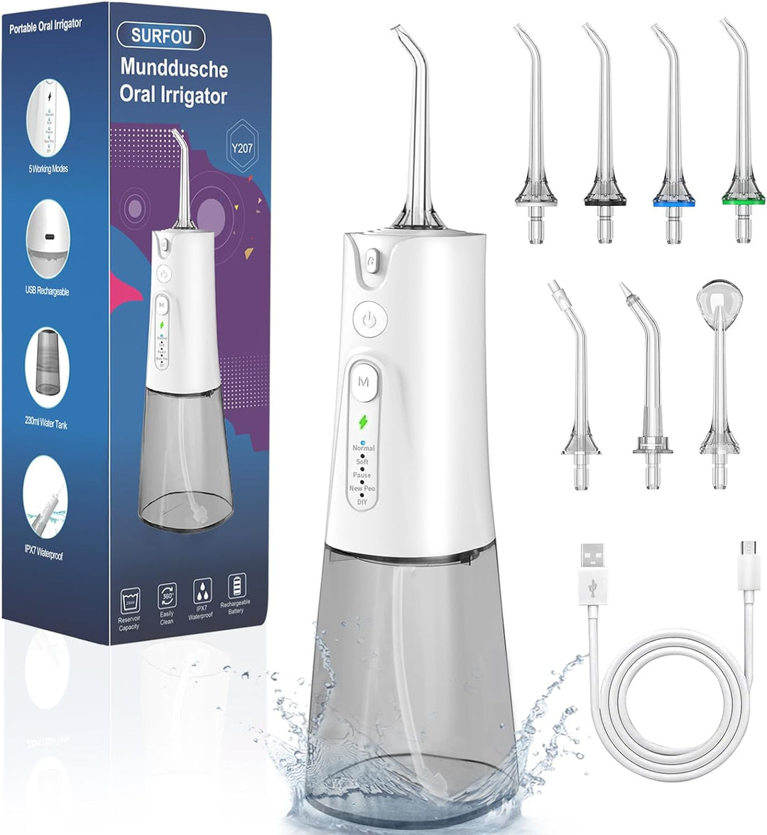 SURFOU Munddusche Kabellos Mundduschen 230ML 5 Modi 7 Düsen, Mundduschen Reise Water Flosser IPX7 Wa