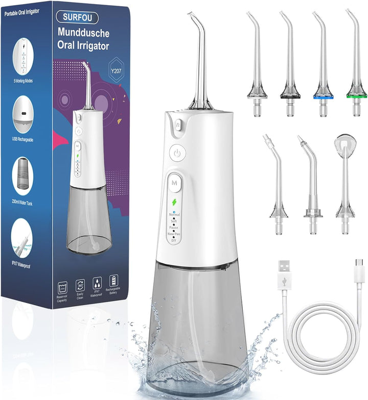 SURFOU Munddusche Kabellos Mundduschen 230ML 5 Modi 7 Düsen, Mundduschen Reise Water Flosser IPX7 Wa